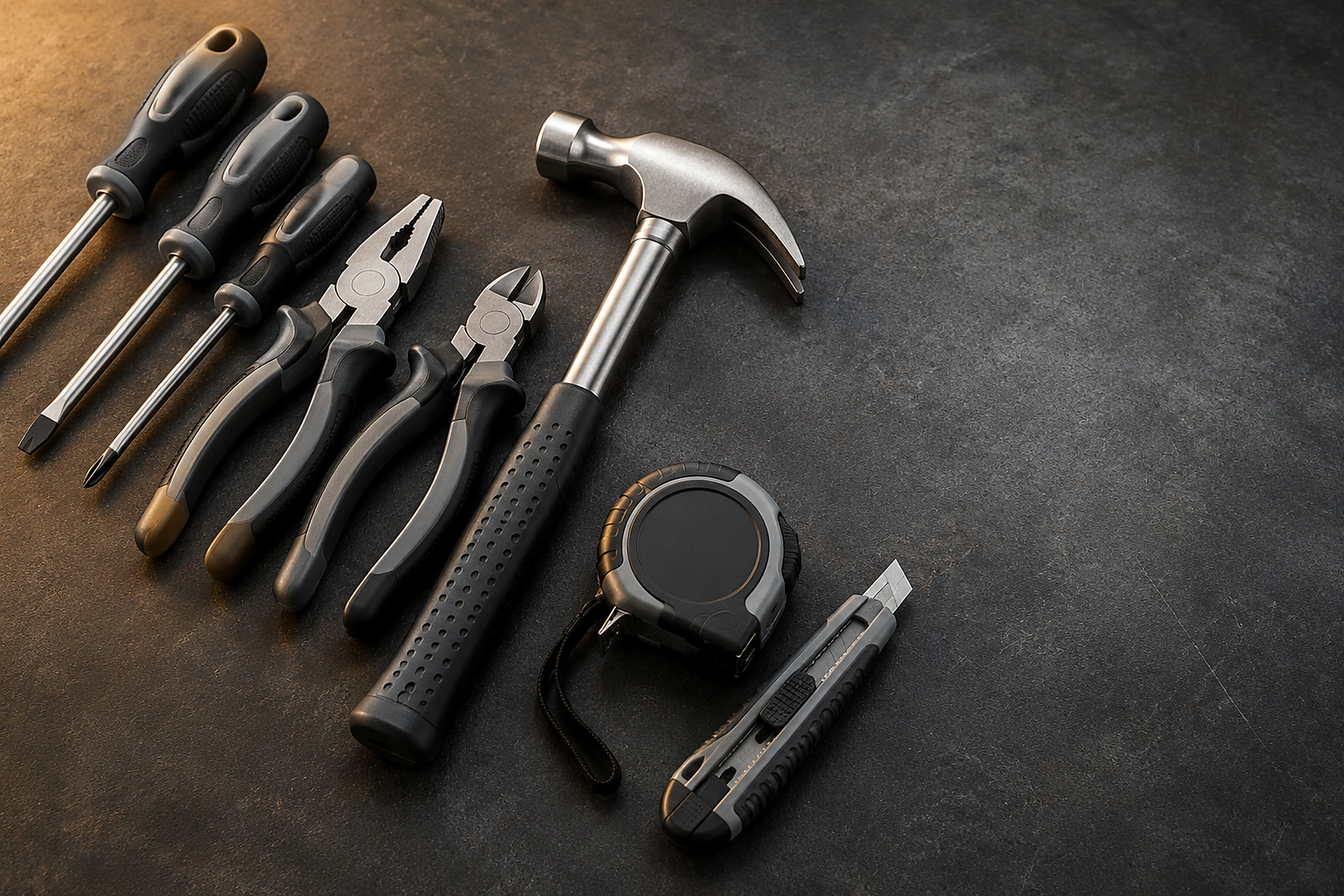Unbranded hand tool supply for importers and wholesalers Unbranded hand tools arranged on a workbench